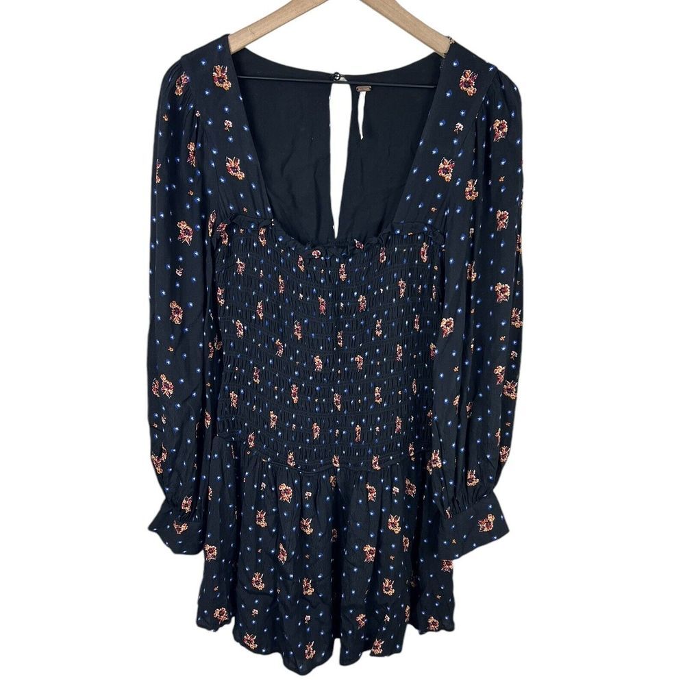 Free People Womens XS Black Floral Puff Sleeve Two Faces Mini Dress FLAW
